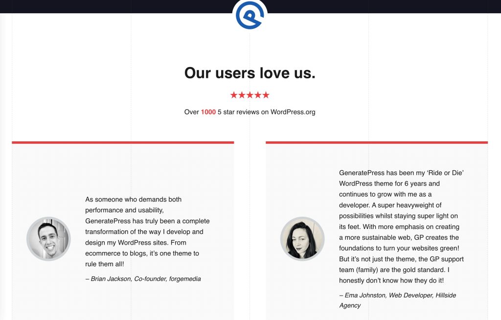 a screenshot of GeneratePress reviews.